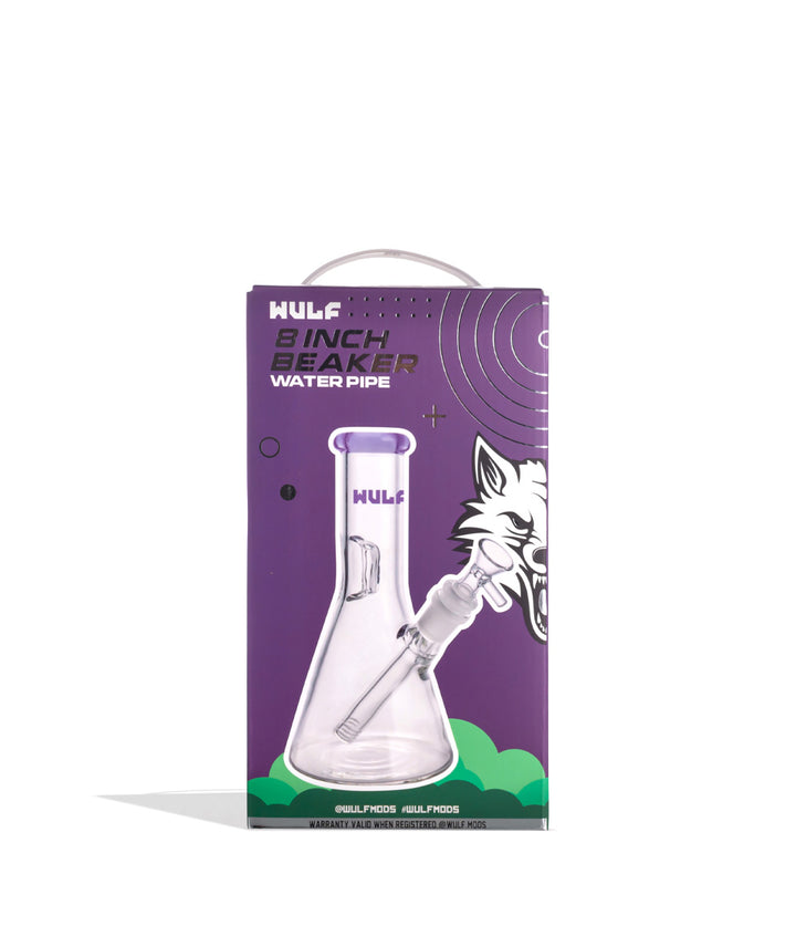 Purple Wulf Mods 5mm 8inch Beaker Water Pipe Packaging Front View on White Background