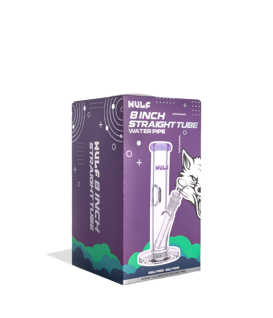 Purple Wulf Mods 5mm 8inch Straight Water Pipe Packaging Angle View on White Background