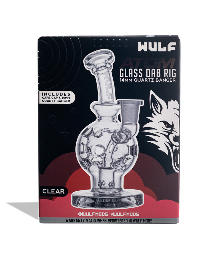 Clear Wulf Mods Atom 14mm Dab Rig with Quartz Banger Packaging Front View on White Background